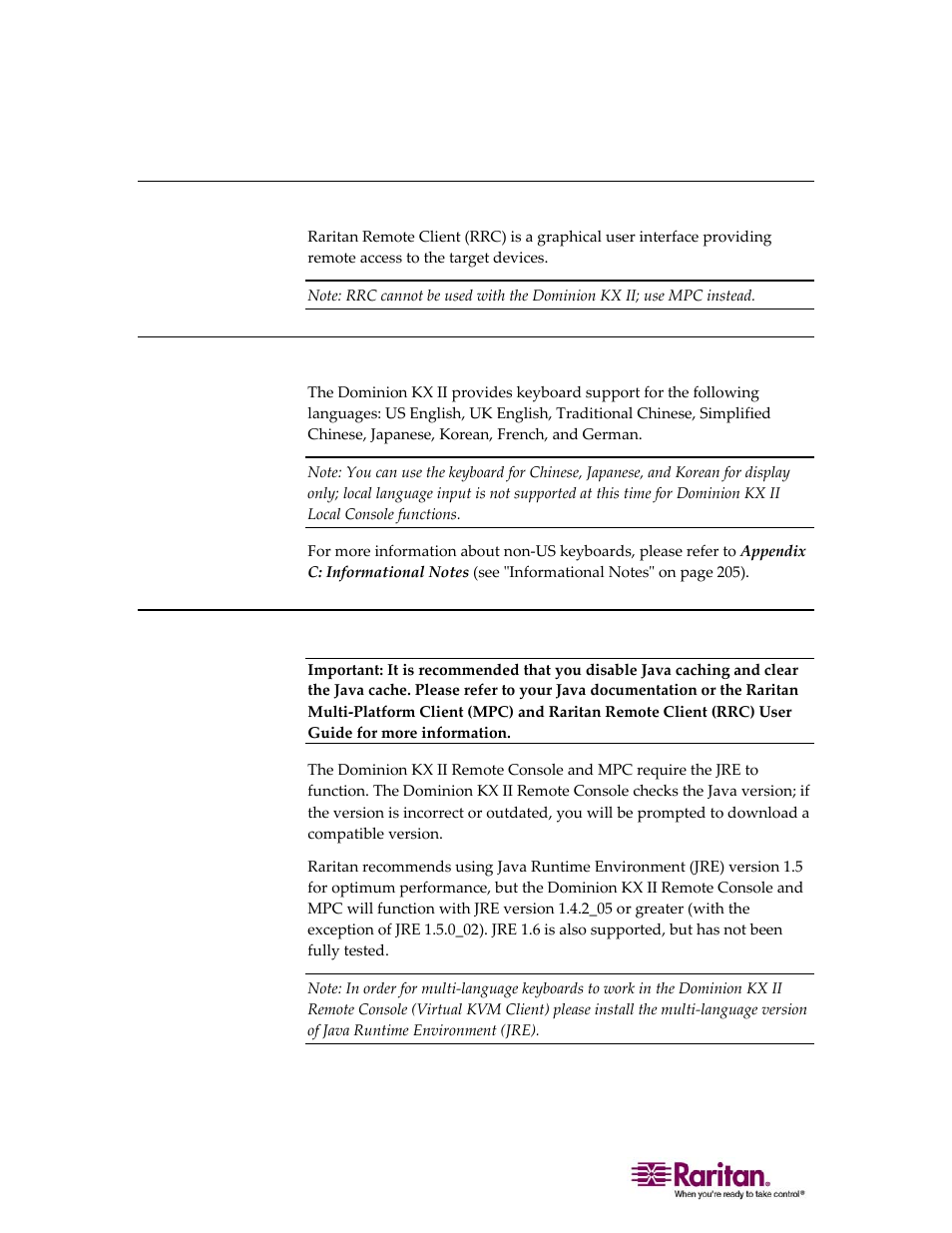 Raritan remote client (rrc): kx i devices only, Language support, Java runtime environment (jre) | 44 language support, 44 java runtime environment (jre) | Raritan Computer DOMINION KX II DKX2-0E-E User Manual | Page 58 / 257