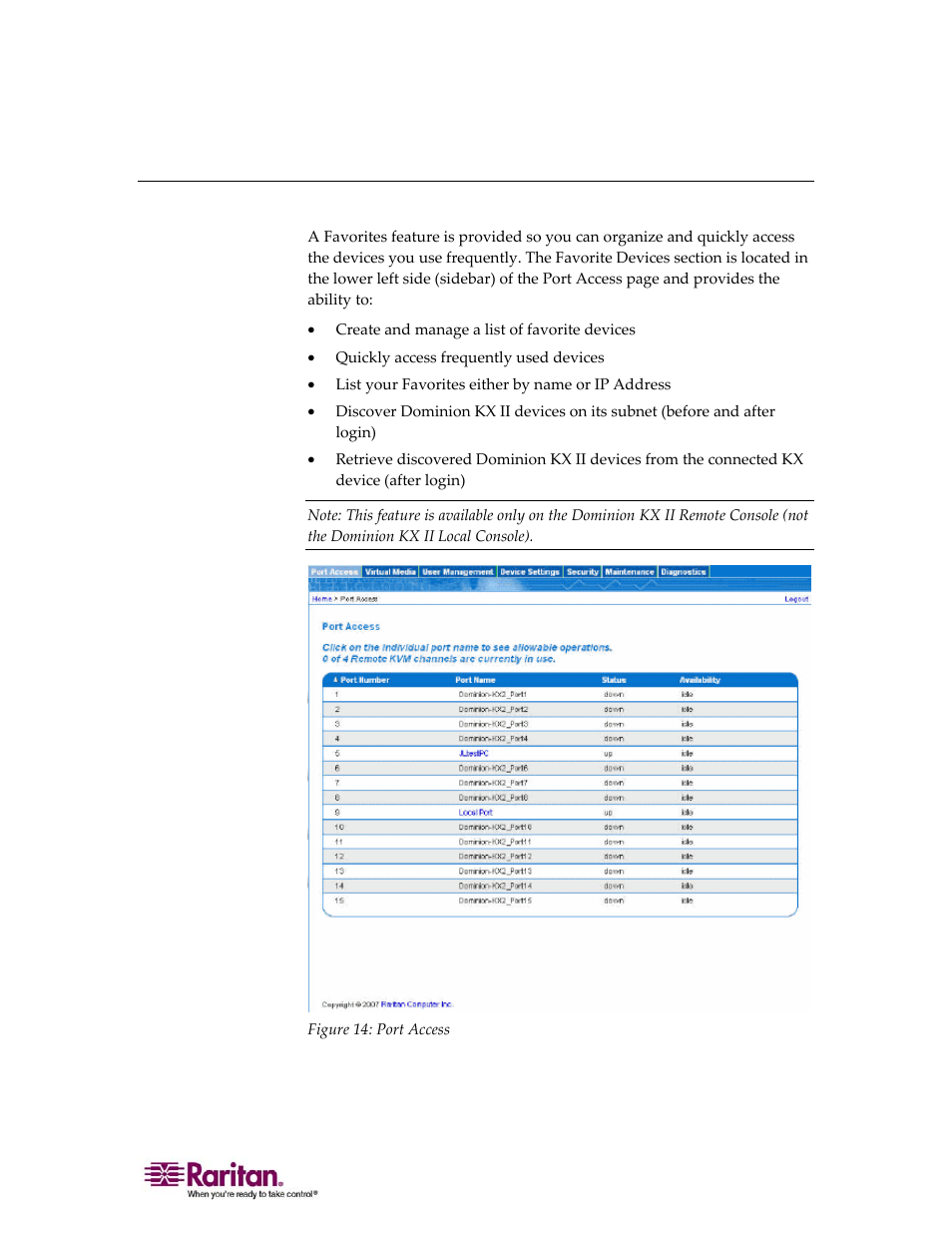 Managing favorites | Raritan Computer DOMINION KX II DKX2-0E-E User Manual | Page 63 / 257