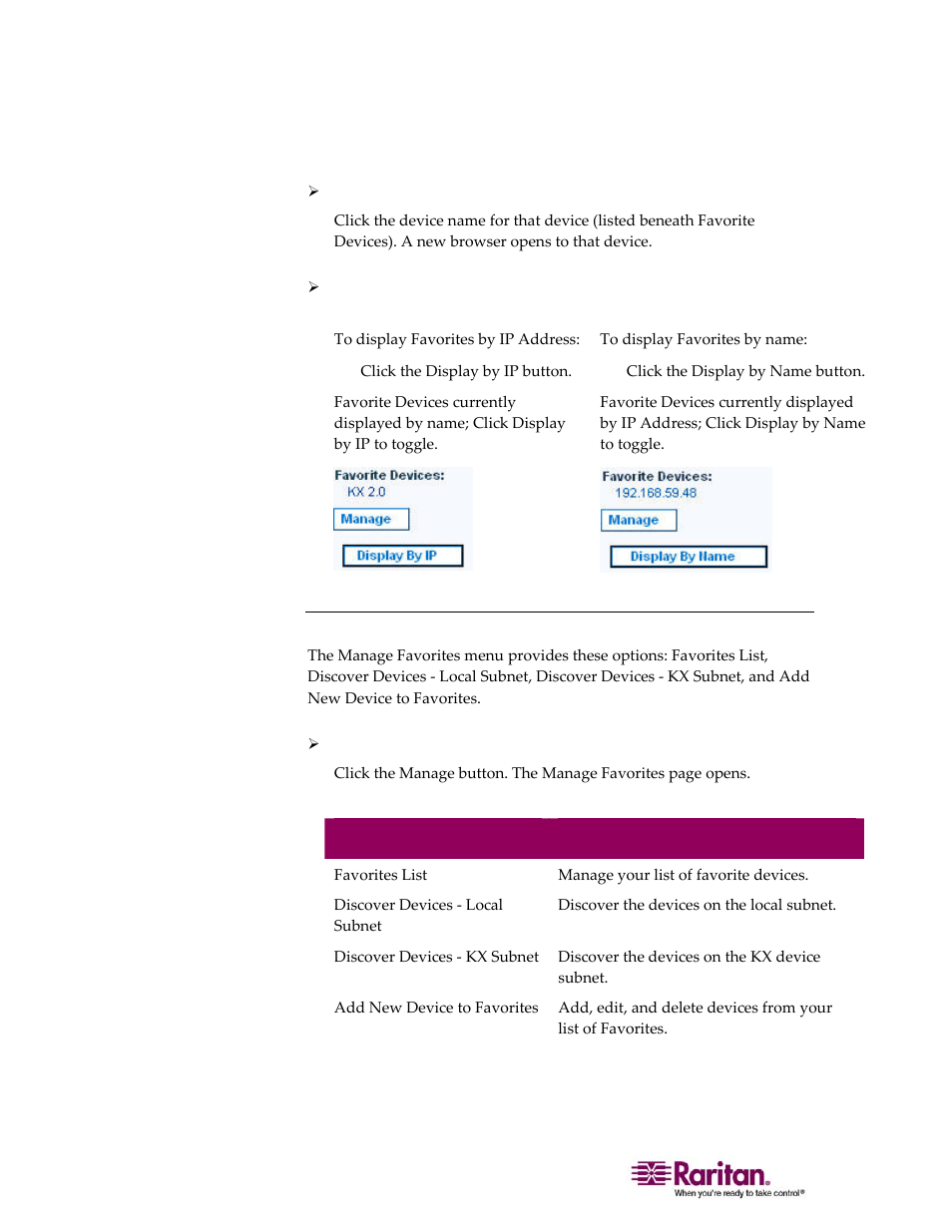 Manage favorites menu | Raritan Computer DOMINION KX II DKX2-0E-E User Manual | Page 64 / 257