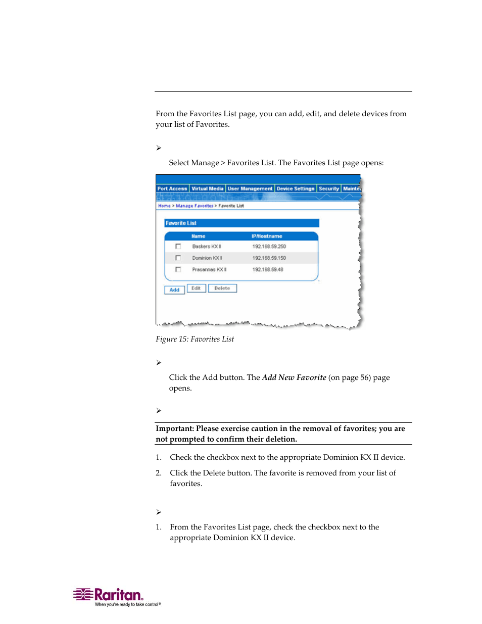 Favorites list | Raritan Computer DOMINION KX II DKX2-0E-E User Manual | Page 65 / 257