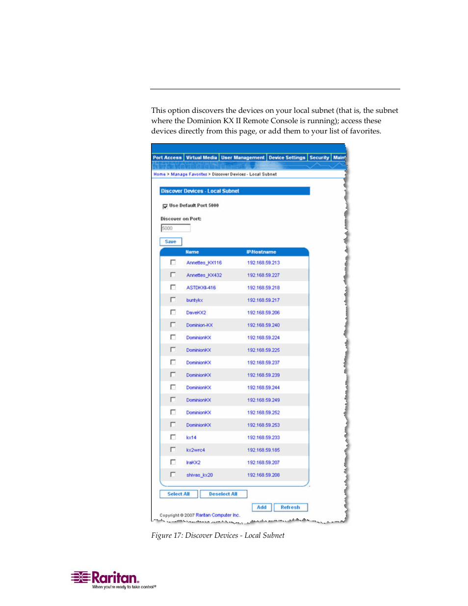 Discover devices - local subnet | Raritan Computer DOMINION KX II DKX2-0E-E User Manual | Page 67 / 257