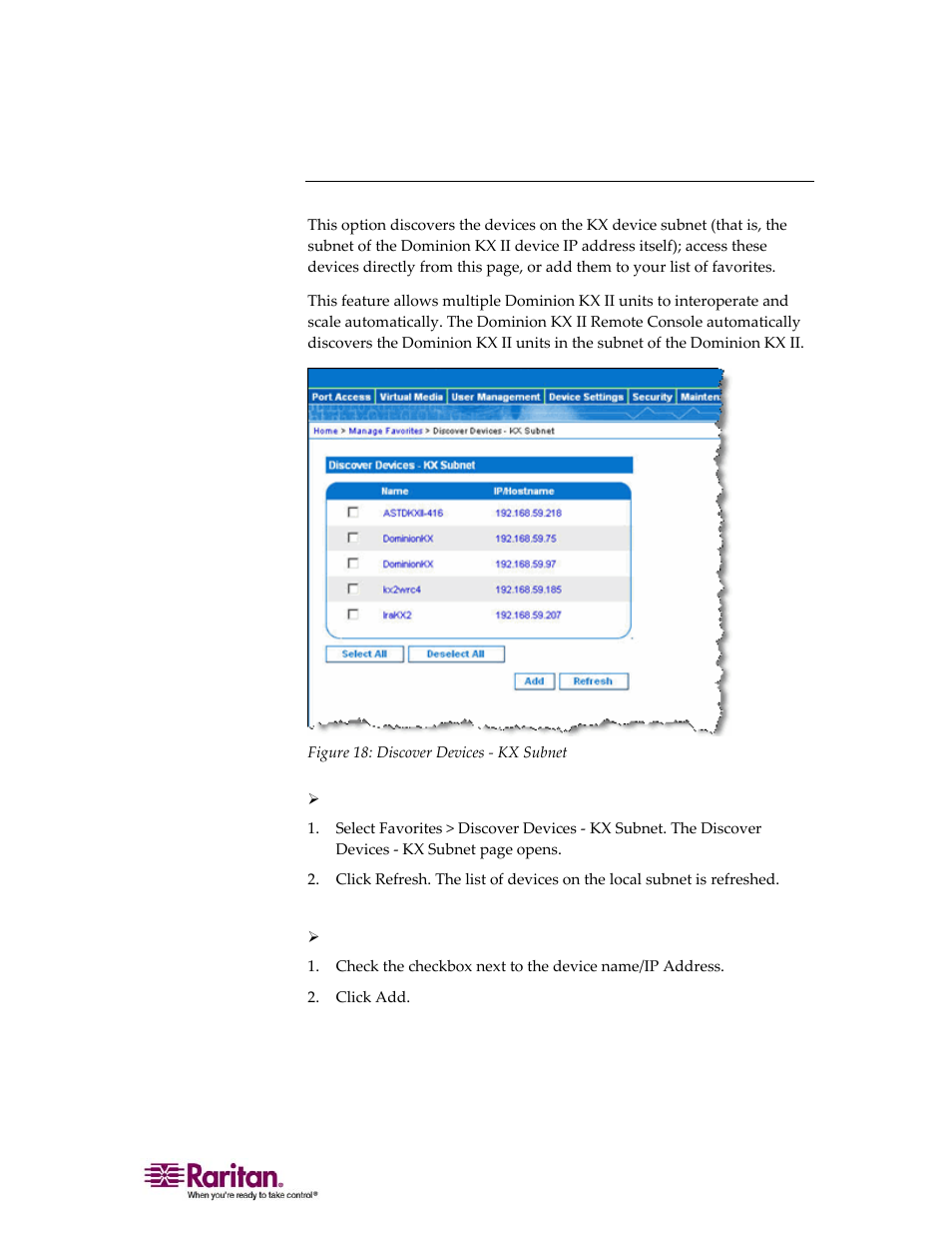 Discover devices - kx subnet | Raritan Computer DOMINION KX II DKX2-0E-E User Manual | Page 69 / 257