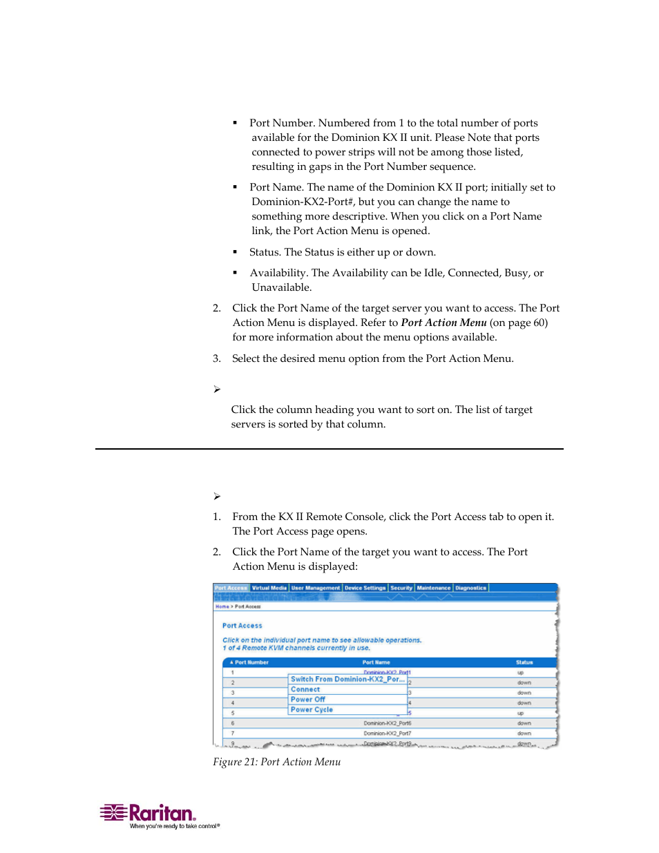 Connecting to a target server | Raritan Computer DOMINION KX II DKX2-0E-E User Manual | Page 73 / 257