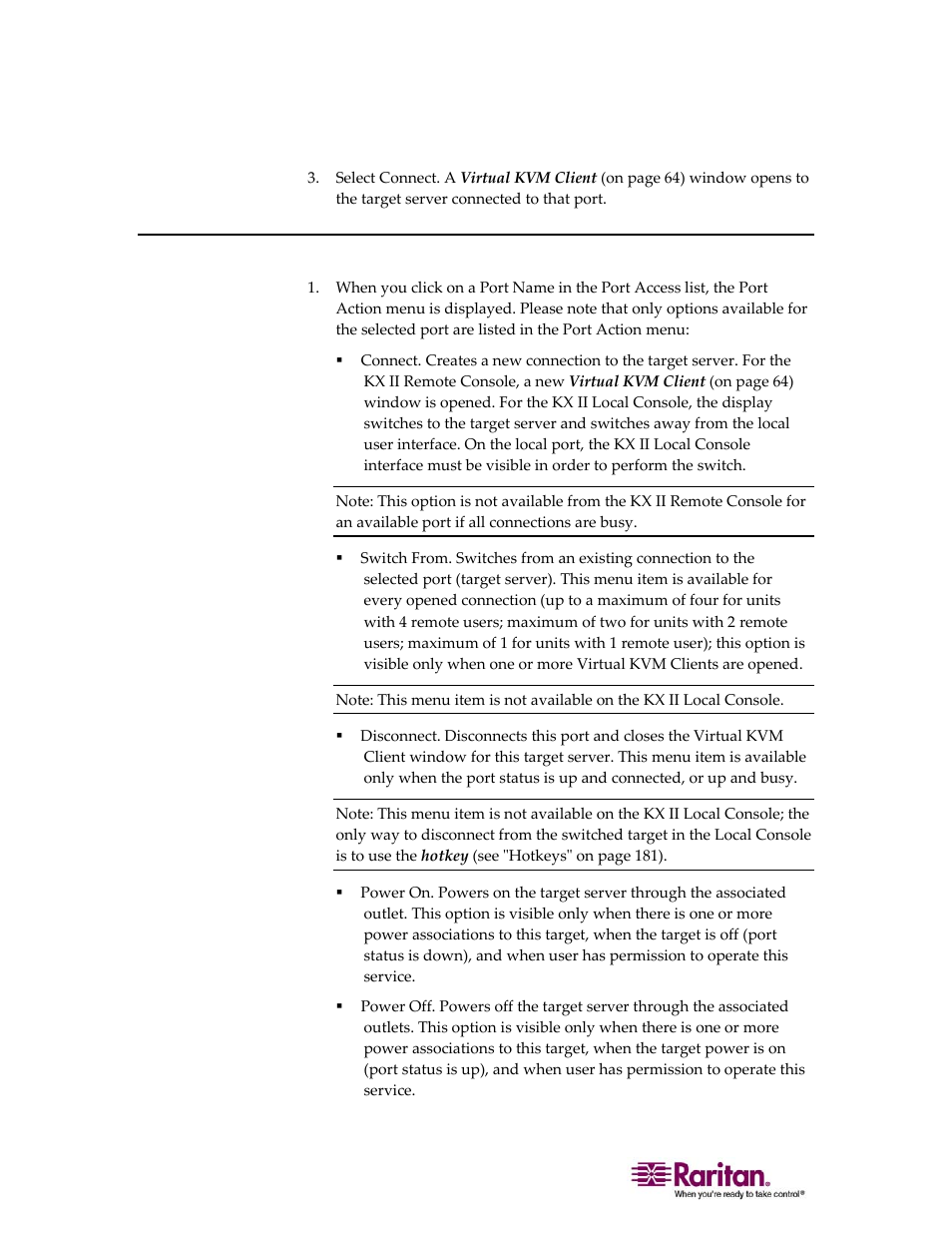 Port action menu | Raritan Computer DOMINION KX II DKX2-0E-E User Manual | Page 74 / 257