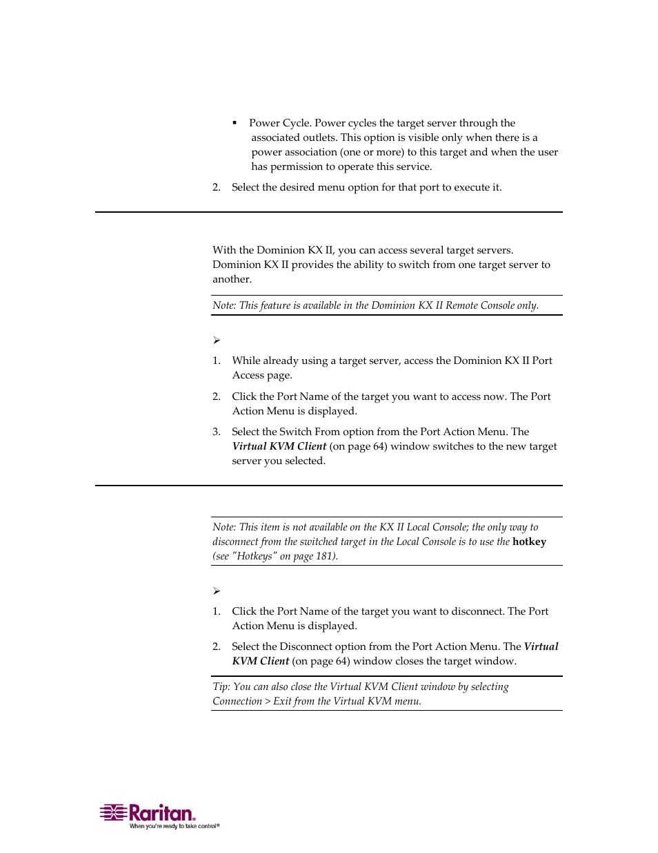 Switching between target servers, Disconnecting target servers, 61 disconnecting target servers | Raritan Computer DOMINION KX II DKX2-0E-E User Manual | Page 75 / 257