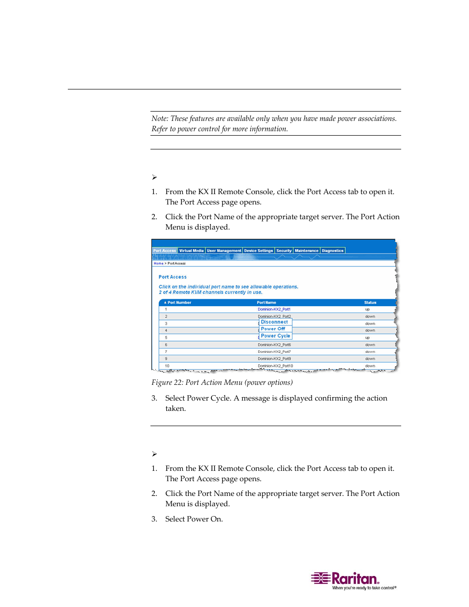 Power controlling a target server, Power cycle a target server, Power on a target server | Raritan Computer DOMINION KX II DKX2-0E-E User Manual | Page 76 / 257