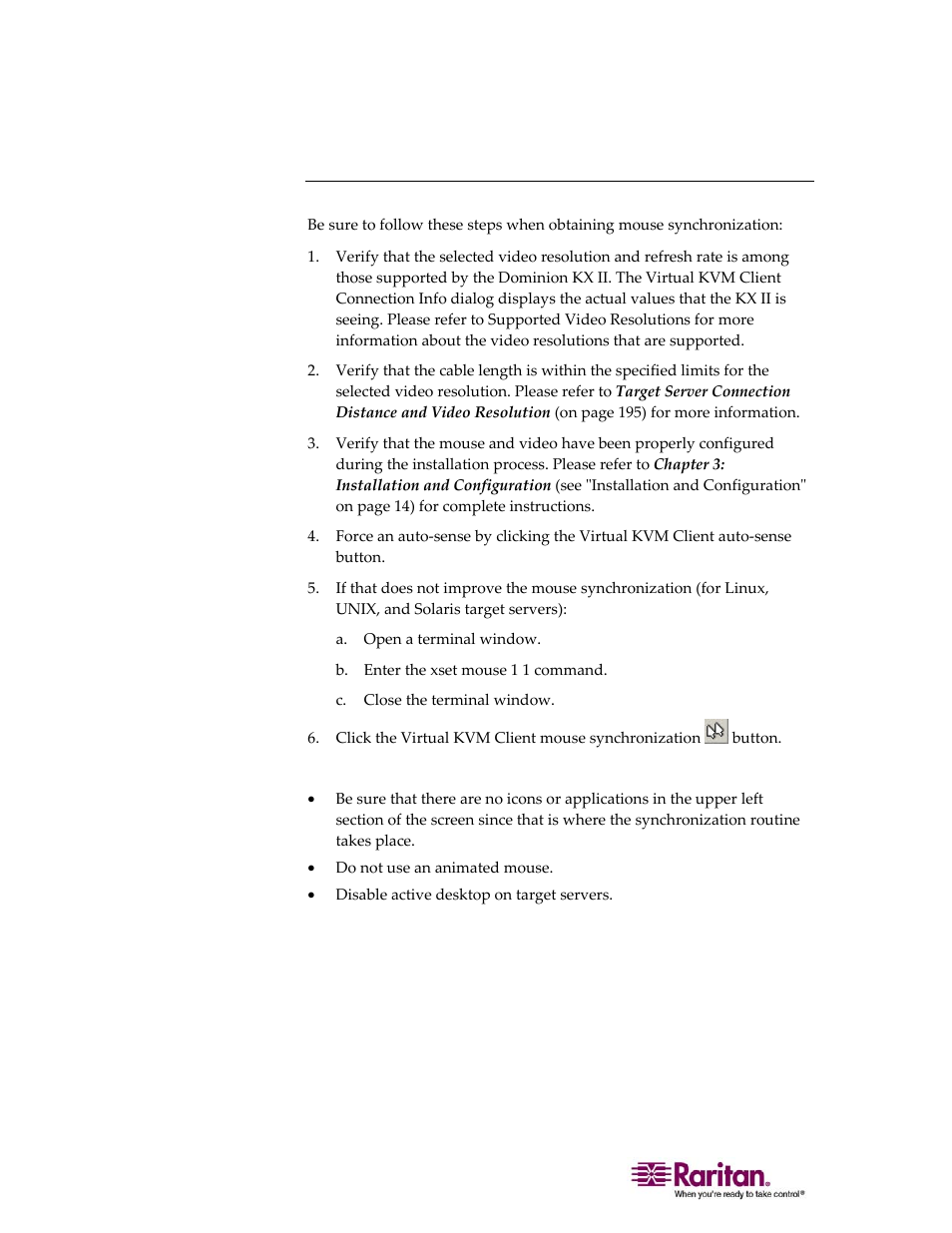 Mouse synchronization tips | Raritan Computer DOMINION KX II DKX2-0E-E User Manual | Page 82 / 257