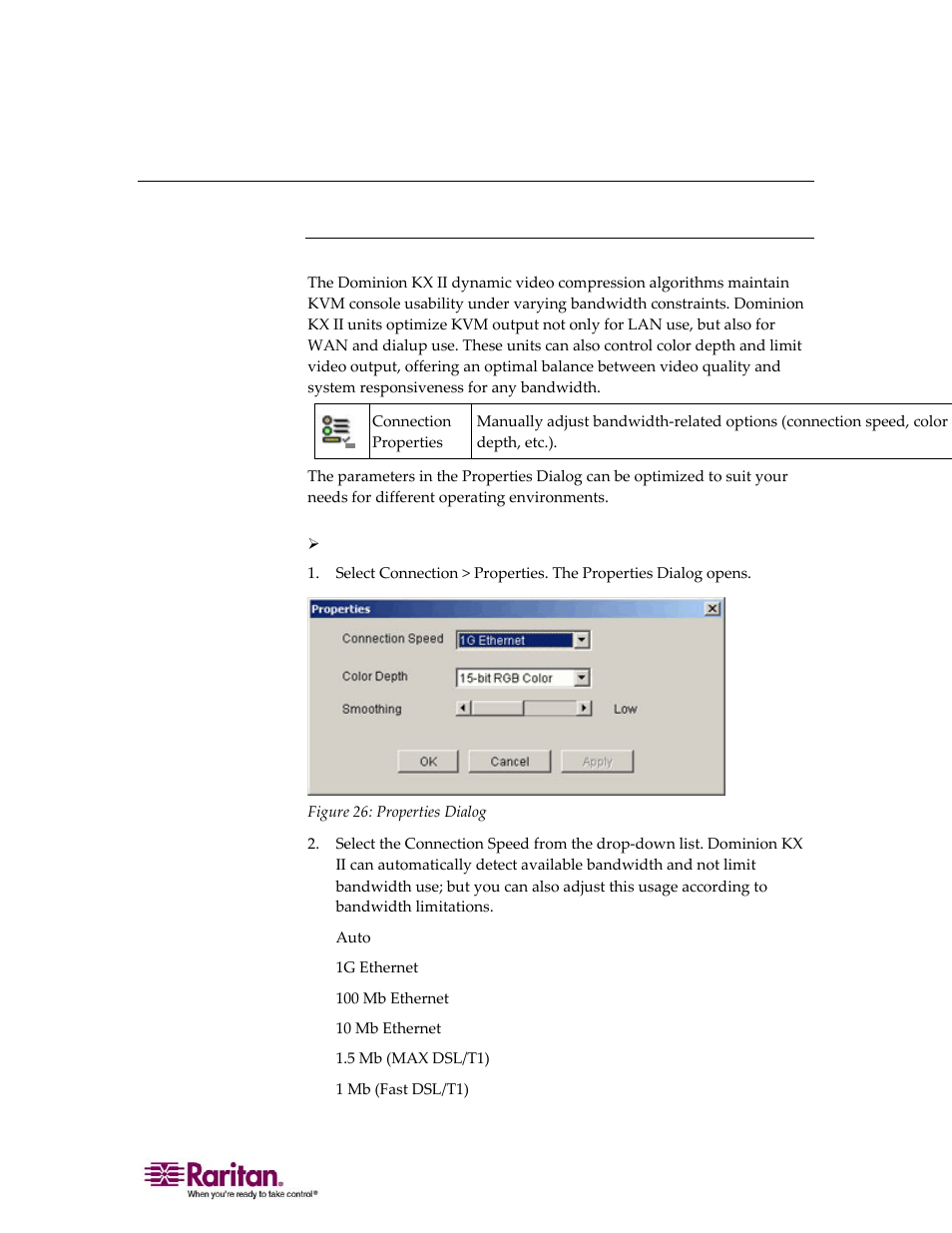 Connection menu, Properties dialog | Raritan Computer DOMINION KX II DKX2-0E-E User Manual | Page 83 / 257