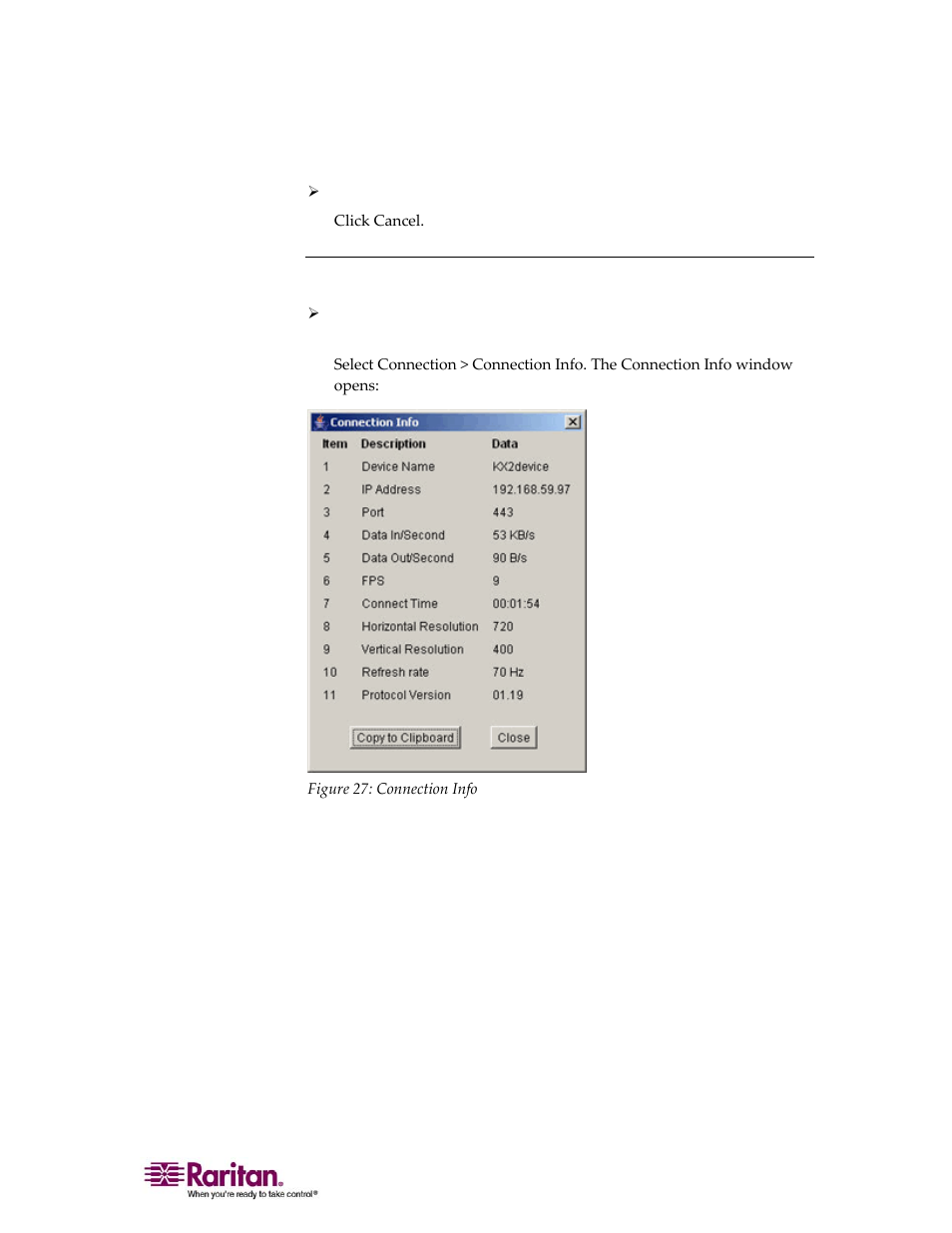 Connection info | Raritan Computer DOMINION KX II DKX2-0E-E User Manual | Page 85 / 257