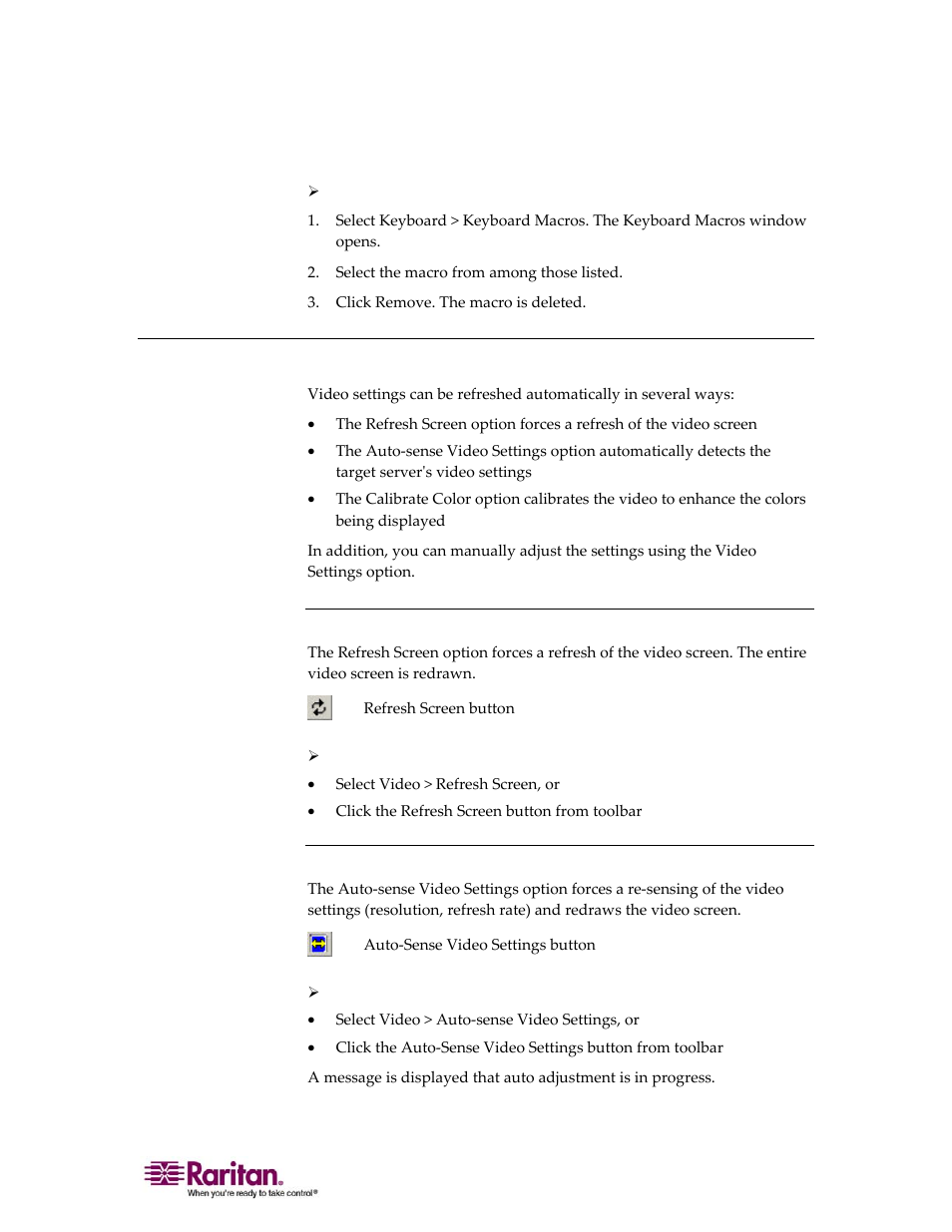 Video menu, Refresh screen, Auto-sense video settings | Raritan Computer DOMINION KX II DKX2-0E-E User Manual | Page 91 / 257