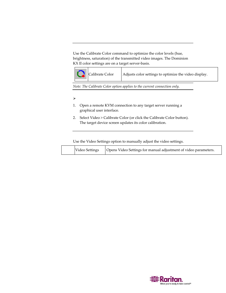 Calibrate color, Video settings | Raritan Computer DOMINION KX II DKX2-0E-E User Manual | Page 92 / 257