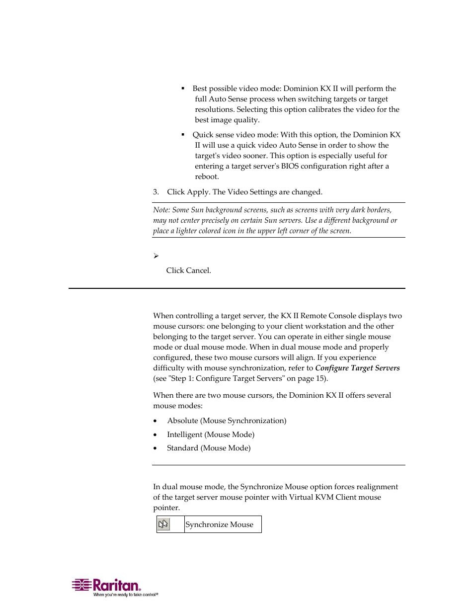 Mouse menu, Synchronize mouse | Raritan Computer DOMINION KX II DKX2-0E-E User Manual | Page 95 / 257