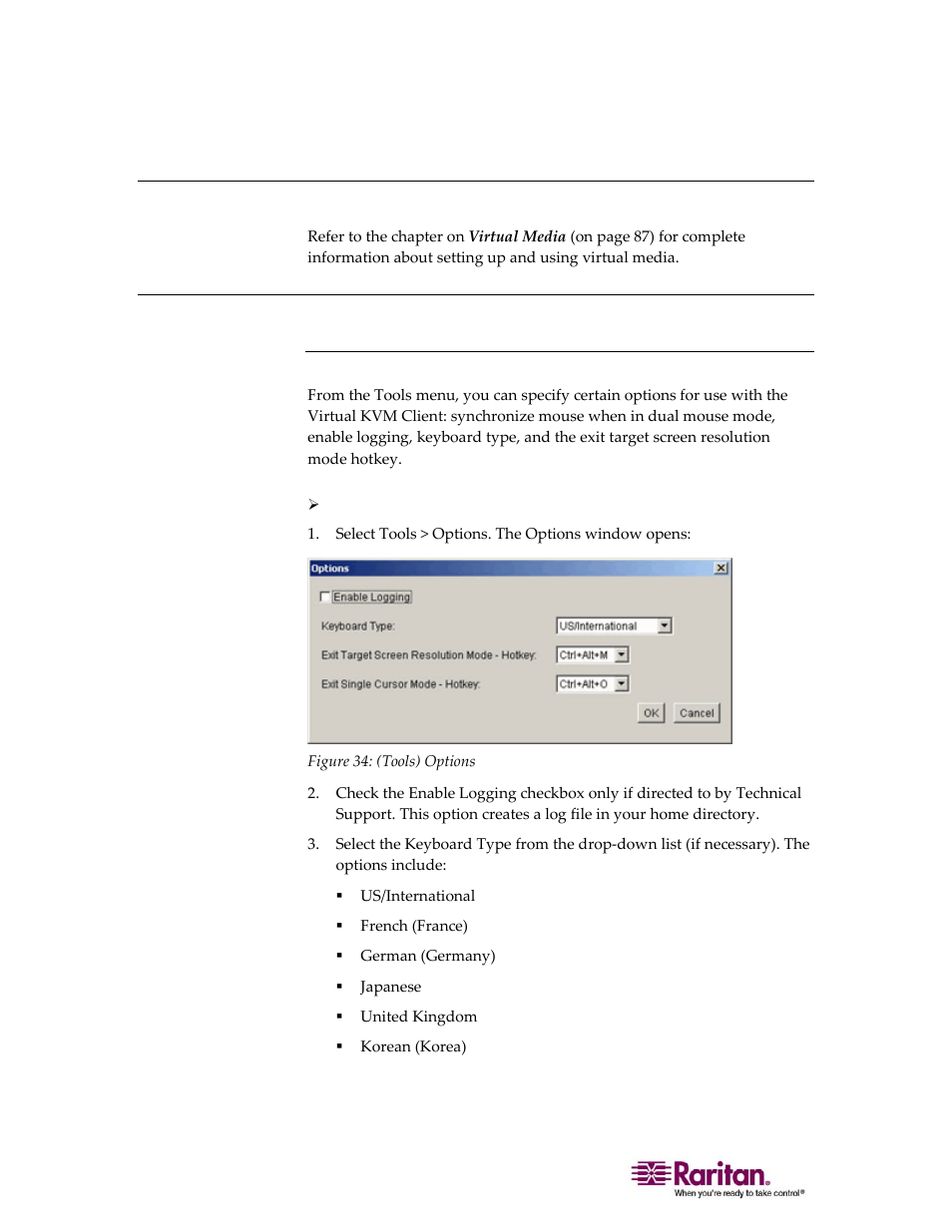 Virtual media, Tools menu, Options | 84 tools menu | Raritan Computer DOMINION KX II DKX2-0E-E User Manual | Page 98 / 257