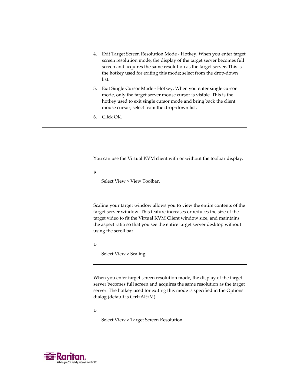 View menu, View toolbar, Scaling | Target screen resolution | Raritan Computer DOMINION KX II DKX2-0E-E User Manual | Page 99 / 257