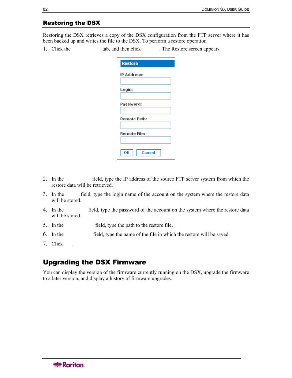 Restoring the dsx, Upgrading the dsx firmware, Figure 78 restore screen | Raritan Computer DOMINION DSX-0N-E User Manual | Page 100 / 233