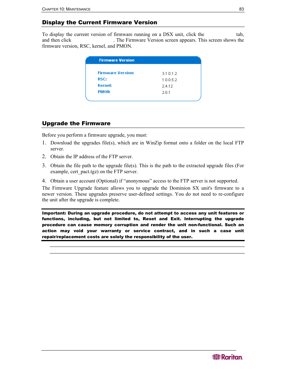 Display the current firmware version, Upgrade the firmware, Figure 79 firmware version | Raritan Computer DOMINION DSX-0N-E User Manual | Page 101 / 233