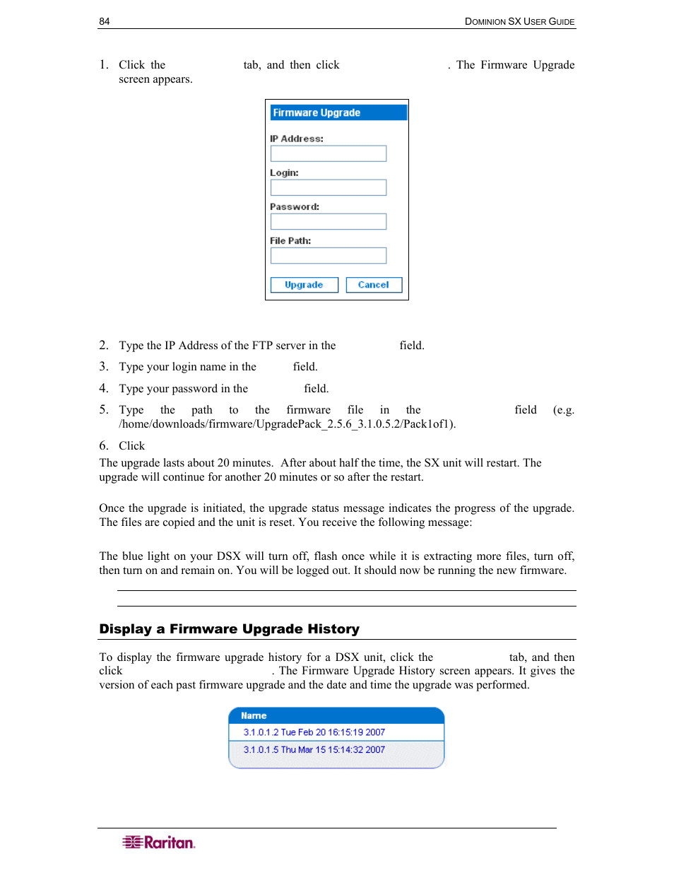 Display a firmware upgrade history, Figure 80 firmware upgrade screen, Figure 81 firmware upgrade history screen | Raritan Computer DOMINION DSX-0N-E User Manual | Page 102 / 233