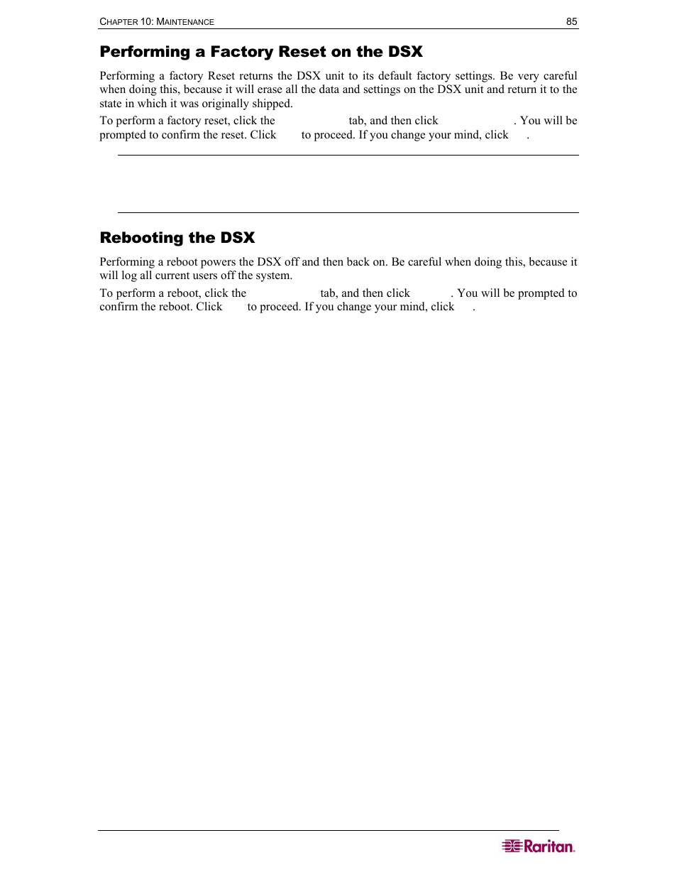 Performing a factory reset on the dsx, Rebooting the dsx | Raritan Computer DOMINION DSX-0N-E User Manual | Page 103 / 233