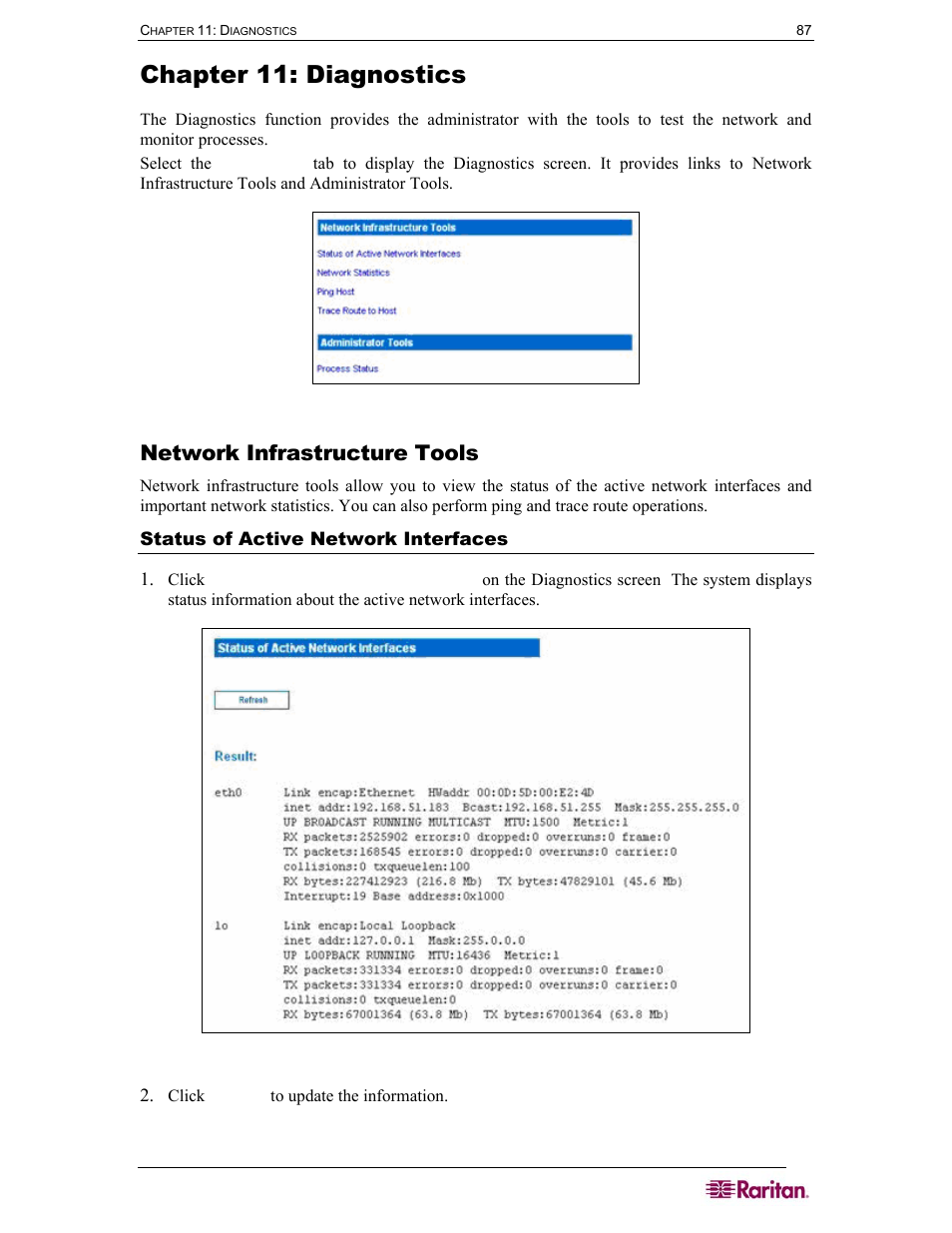 Chapter 11: diagnostics, Network infrastructure tools, Status of active network interfaces | Figure 82 diagnostics screen, Figure 83 active network interface status | Raritan Computer DOMINION DSX-0N-E User Manual | Page 105 / 233