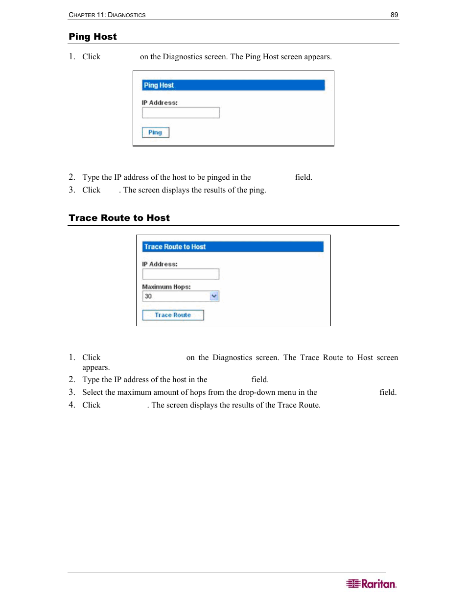 Ping host, Trace route to host, Figure 85 ping host | Figure 86 trace route to host | Raritan Computer DOMINION DSX-0N-E User Manual | Page 107 / 233