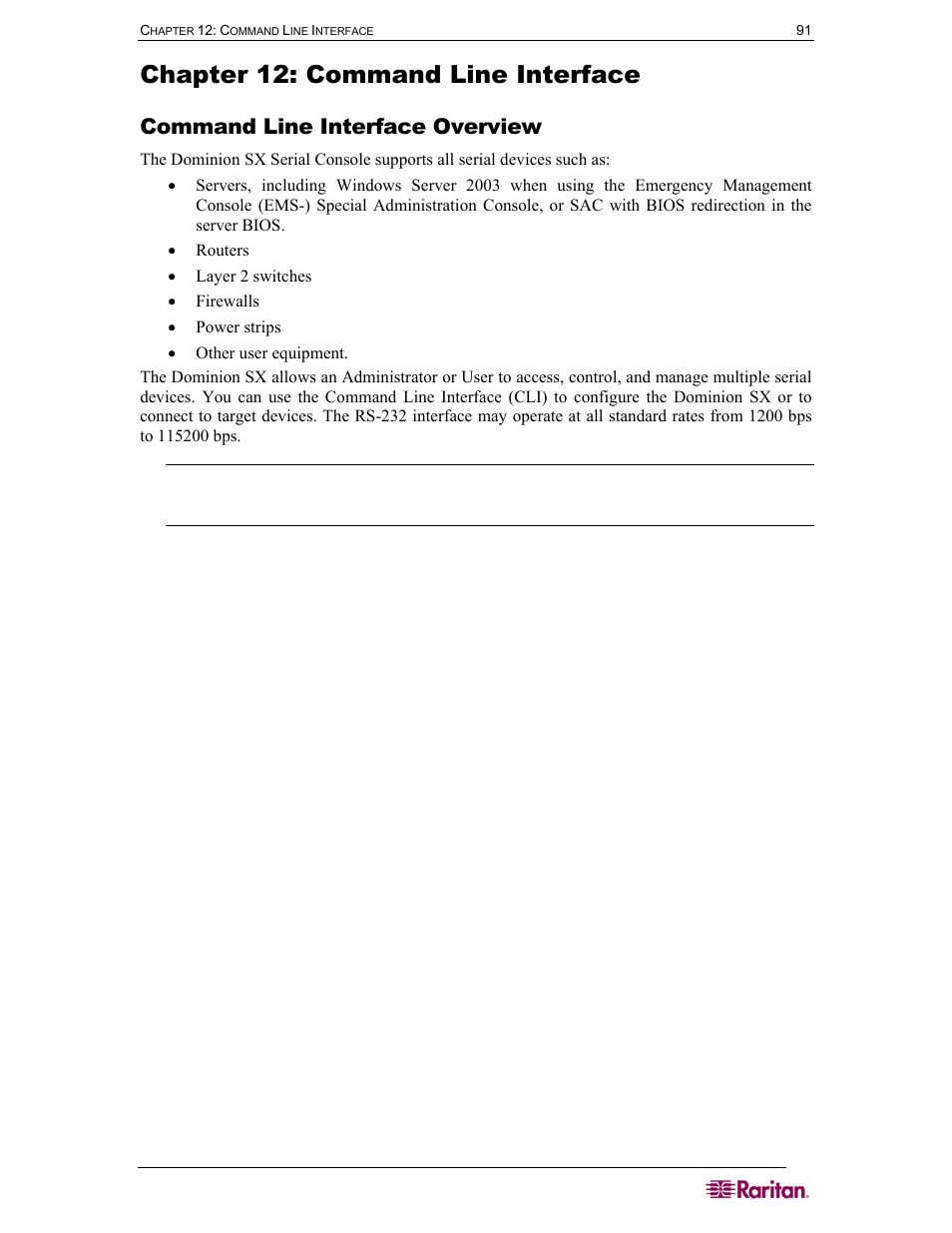 Chapter 12: command line interface, Command line interface overview | Raritan Computer DOMINION DSX-0N-E User Manual | Page 109 / 233