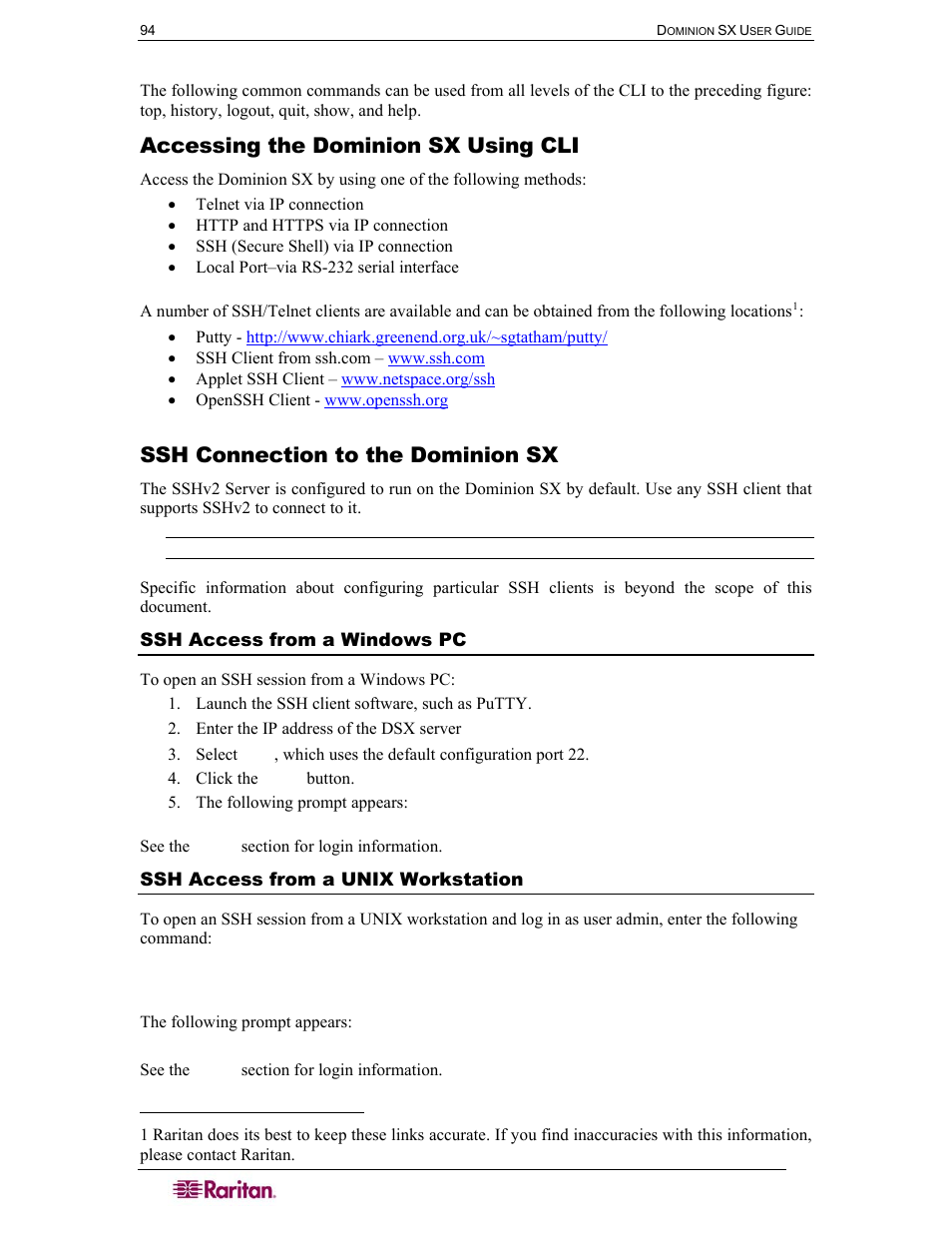 Accessing the dominion sx using cli, Ssh connection to the dominion sx, Ssh access from a windows pc | Ssh access from a unix workstation | Raritan Computer DOMINION DSX-0N-E User Manual | Page 112 / 233