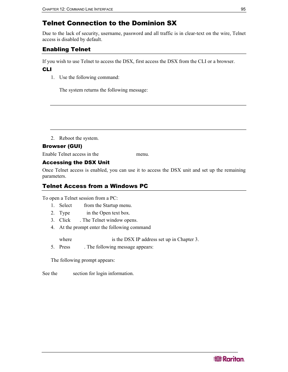 Telnet connection to the dominion sx, Enabling telnet, Browser (gui) | Accessing the dsx unit, Telnet access from a windows pc | Raritan Computer DOMINION DSX-0N-E User Manual | Page 113 / 233