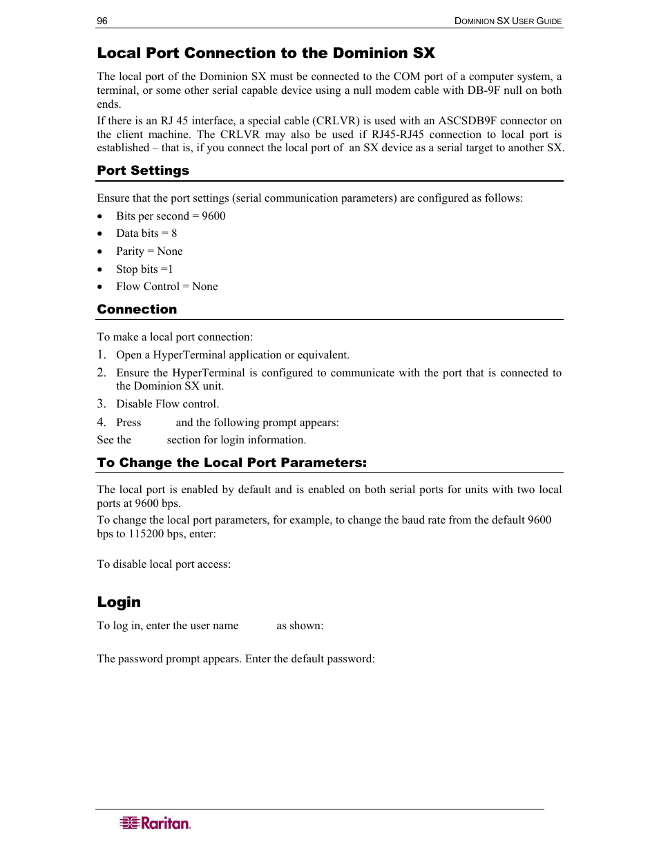 Local port connection to the dominion sx, Port settings, Connection | To change the local port parameters, Login | Raritan Computer DOMINION DSX-0N-E User Manual | Page 114 / 233