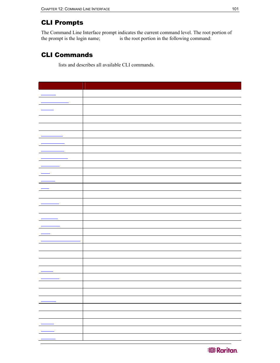 Cli prompts, Cli commands, Table 4 available cli commands | Raritan Computer DOMINION DSX-0N-E User Manual | Page 119 / 233