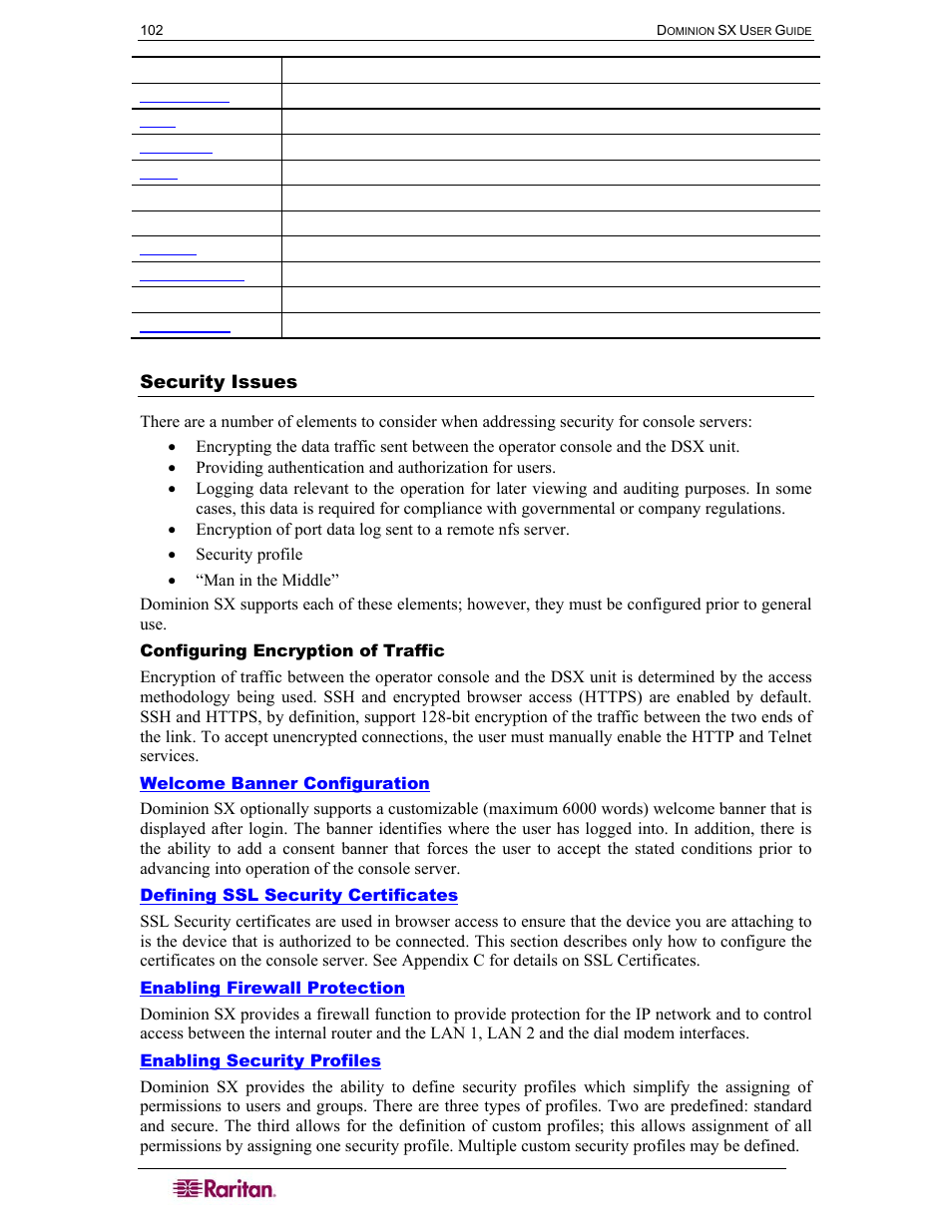 Security issues, Configuring encryption of traffic, Welcome banner configuration | Defining ssl security certificates, Enabling firewall protection, Enabling security profiles | Raritan Computer DOMINION DSX-0N-E User Manual | Page 120 / 233