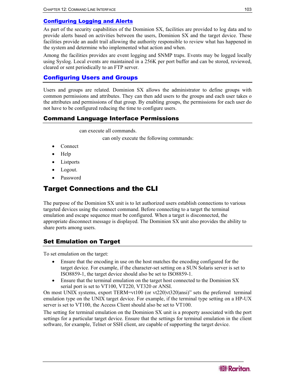 Configuring logging and alerts, Configuring users and groups, Command language interface permissions | Target connections and the cli, Set emulation on target | Raritan Computer DOMINION DSX-0N-E User Manual | Page 121 / 233