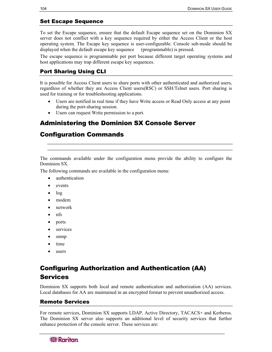 Set escape sequence, Port sharing using cli, Administering the dominion sx console server | Configuration commands, Remote services, Configuring, Authorization, And authentication (aa) services, Show | Raritan Computer DOMINION DSX-0N-E User Manual | Page 122 / 233