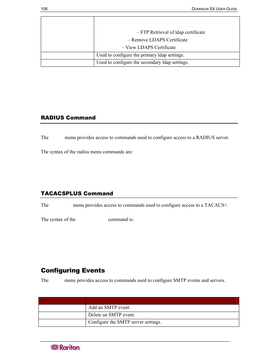 Radius command, Tacacsplus command, Configuring events | Table 7 configuration: events commands | Raritan Computer DOMINION DSX-0N-E User Manual | Page 124 / 233