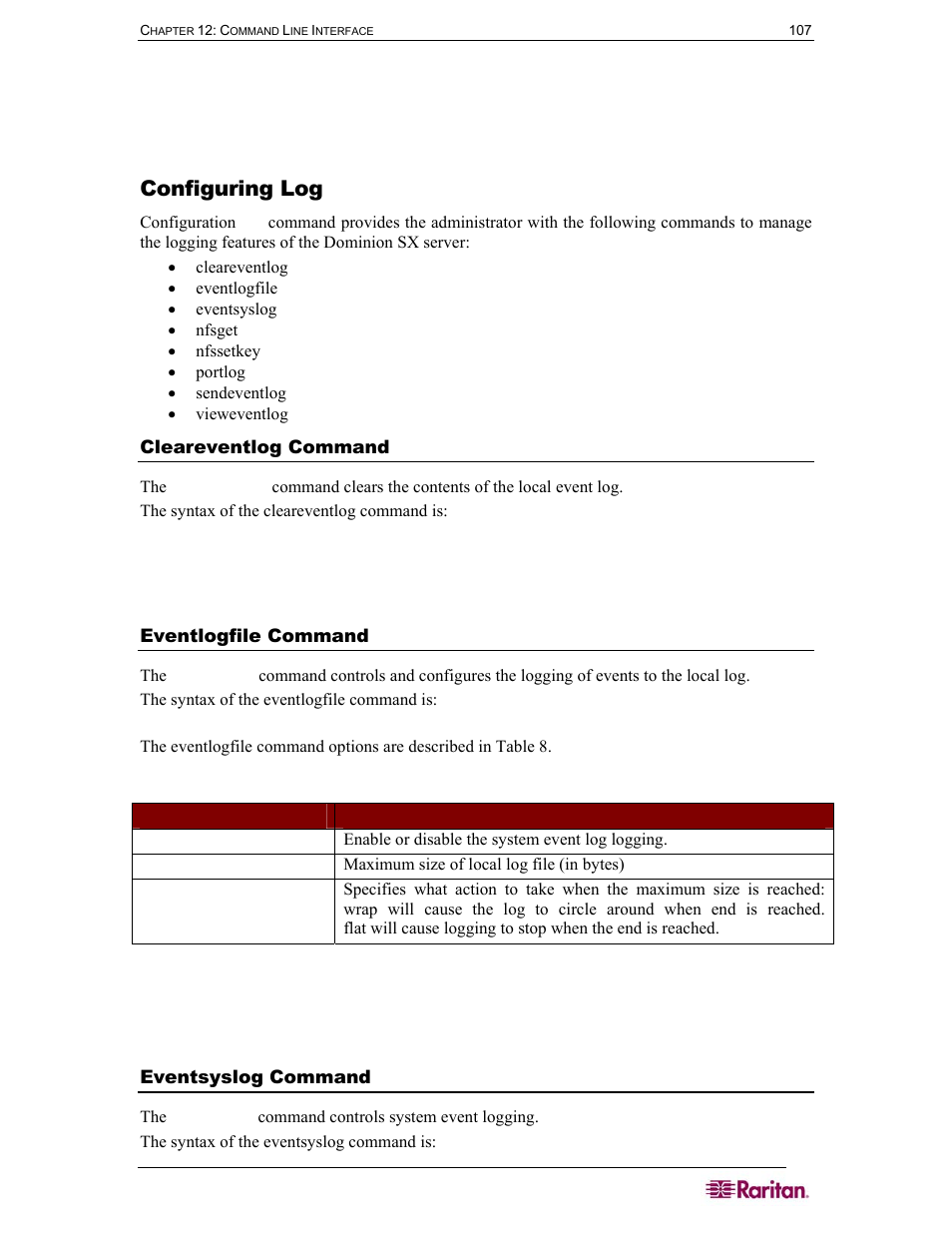 Configuring log, Cleareventlog command, Eventlogfile command | Eventsyslog command, Table 8 eventlogfile command | Raritan Computer DOMINION DSX-0N-E User Manual | Page 125 / 233