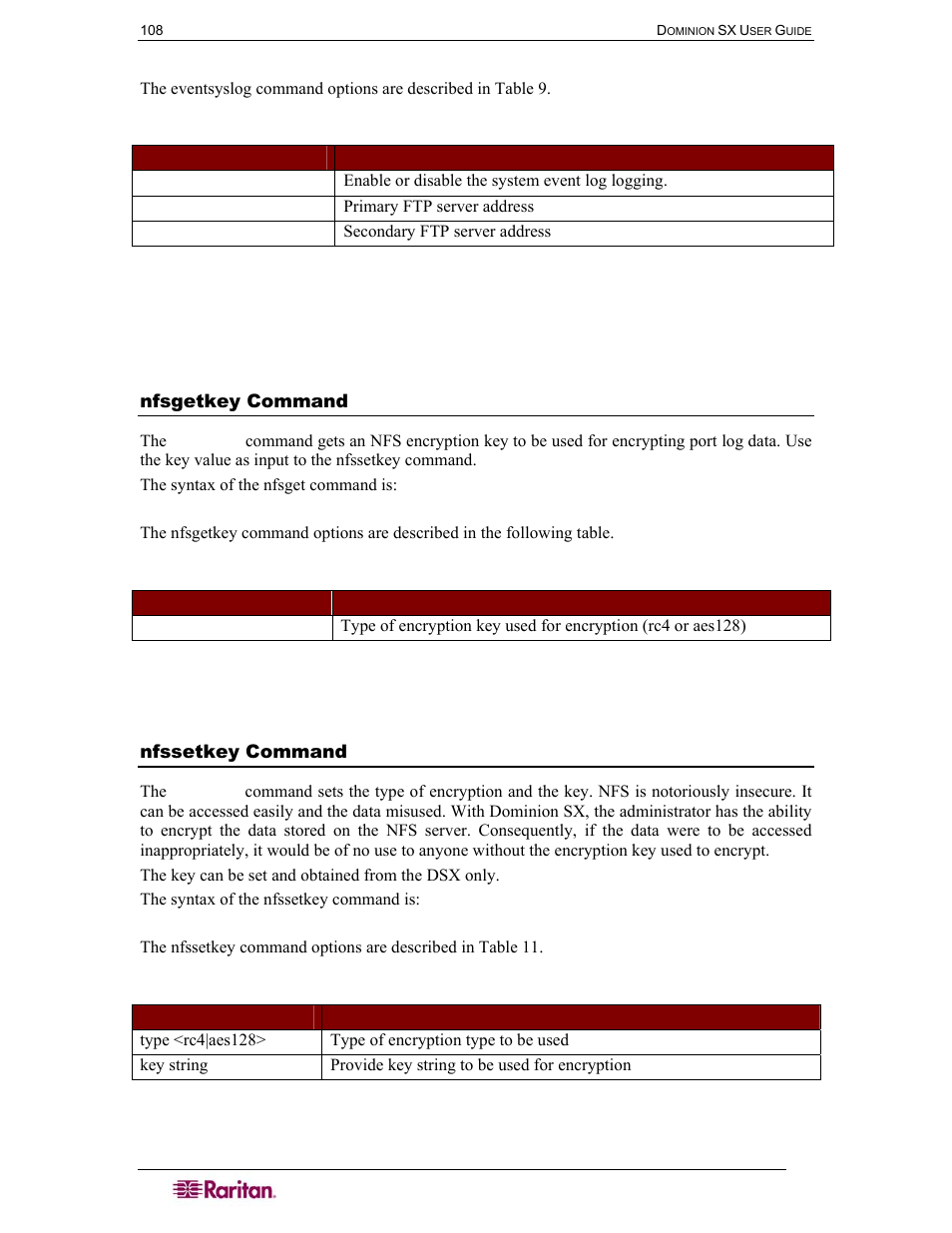 Nfsgetkey command, Nfssetkey command, Table 9 eventsyslog command | Table 10 nfsget command, Table 11 nfssetkey command | Raritan Computer DOMINION DSX-0N-E User Manual | Page 126 / 233