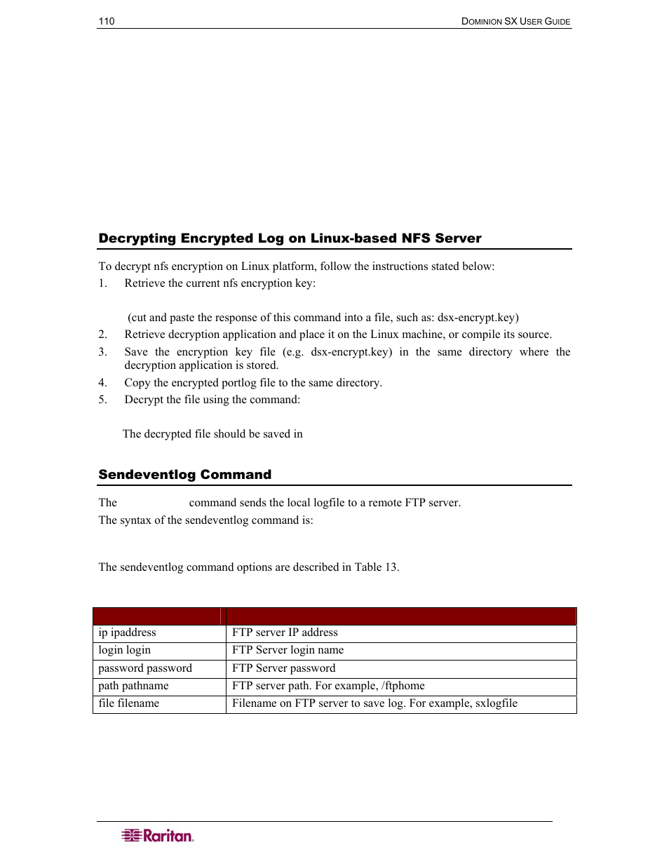 Decrypting encrypted log on linux-based nfs server, Sendeventlog command, Table 13 sendeventlog command | Raritan Computer DOMINION DSX-0N-E User Manual | Page 128 / 233