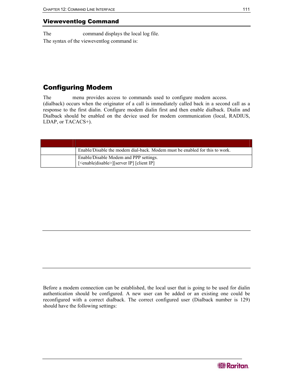 Vieweventlog command, Configuring modem, Table 14 configuration: modem commands | Raritan Computer DOMINION DSX-0N-E User Manual | Page 129 / 233