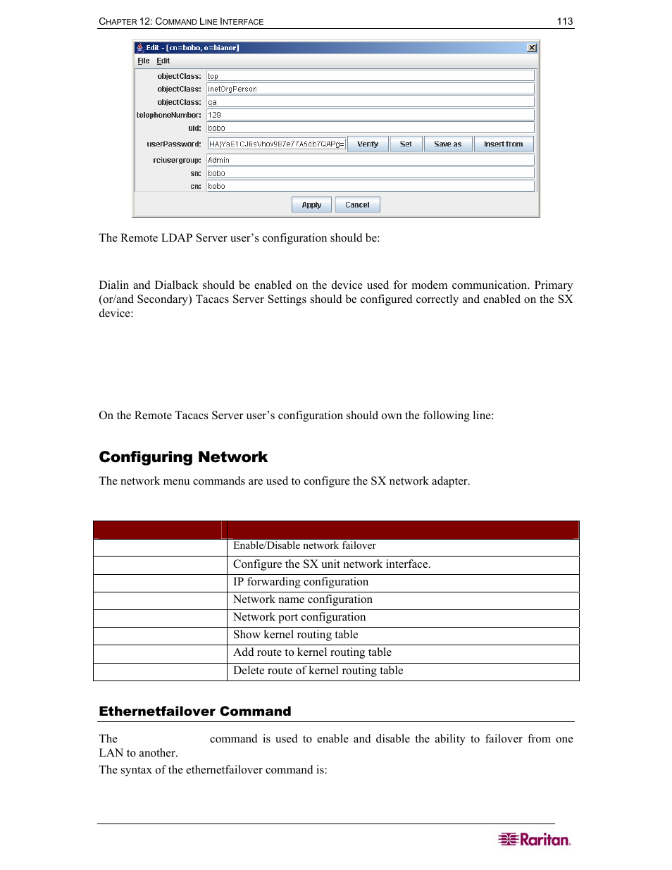 Configuring network, Ethernetfailover command, Table 15 configuration: network commands | Raritan Computer DOMINION DSX-0N-E User Manual | Page 131 / 233
