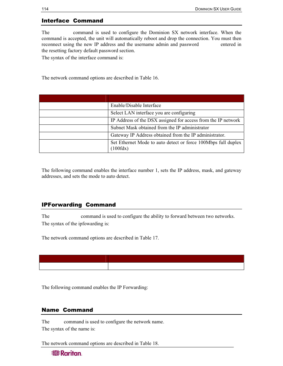 Interface command, Ipforwarding command, Name command | Table 16 interface command, Table 17 ipforwarding command | Raritan Computer DOMINION DSX-0N-E User Manual | Page 132 / 233