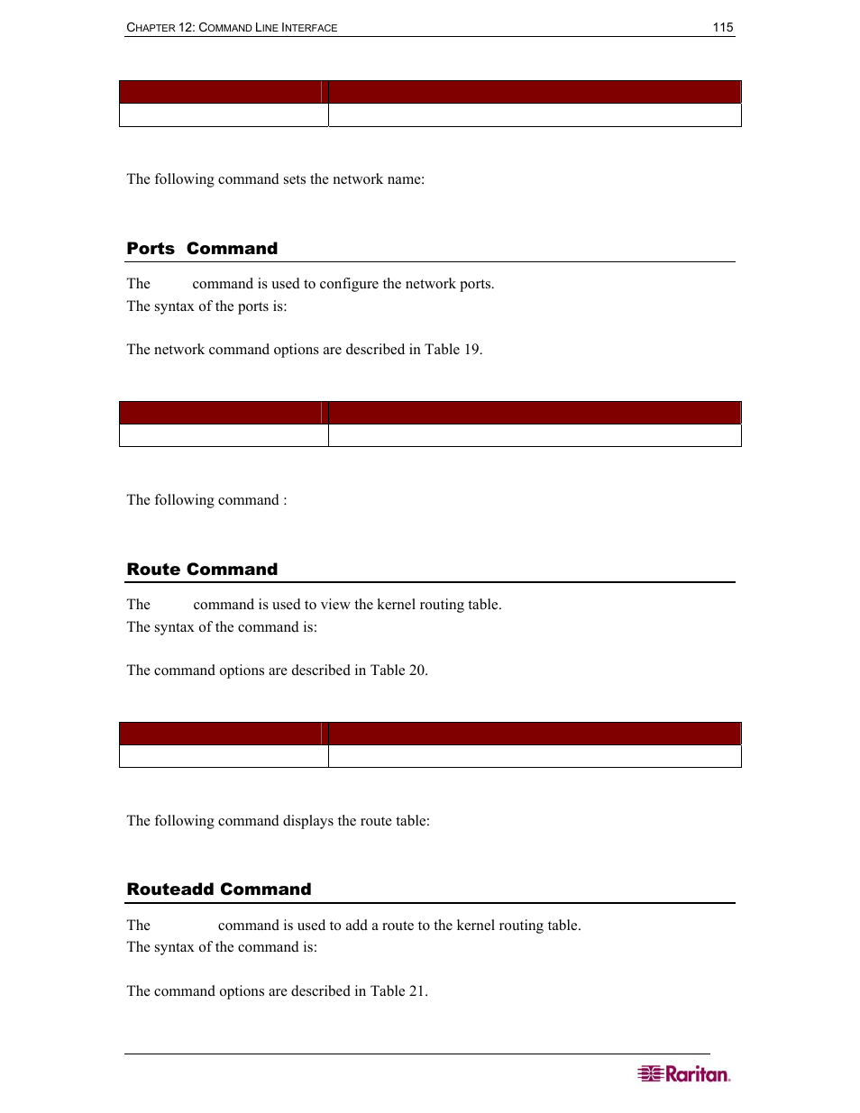 Ports command, Route command, Routeadd command | Table 18 name command, Table 19 ports command, Table 20 route command, Table 21 routeadd command | Raritan Computer DOMINION DSX-0N-E User Manual | Page 133 / 233