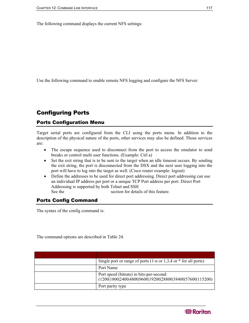 Configuring ports, Ports configuration menu, Ports config command | Table 24 port configuration command, Config | Raritan Computer DOMINION DSX-0N-E User Manual | Page 135 / 233