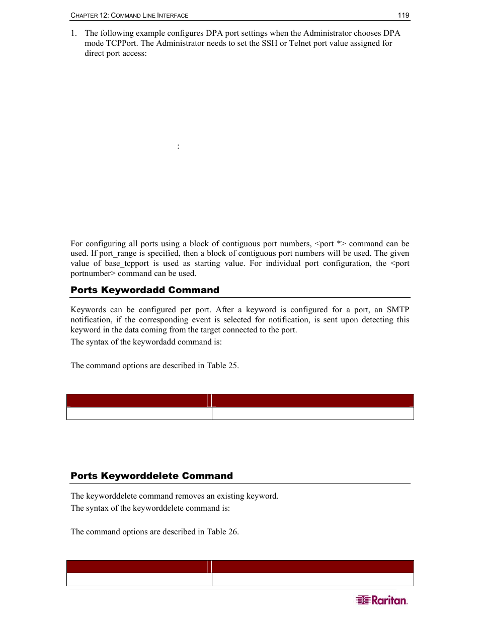 Ports keywordadd command, Ports keyworddelete command, Table 25 port keywordadd command | Table 26 port keyworddelete command | Raritan Computer DOMINION DSX-0N-E User Manual | Page 137 / 233