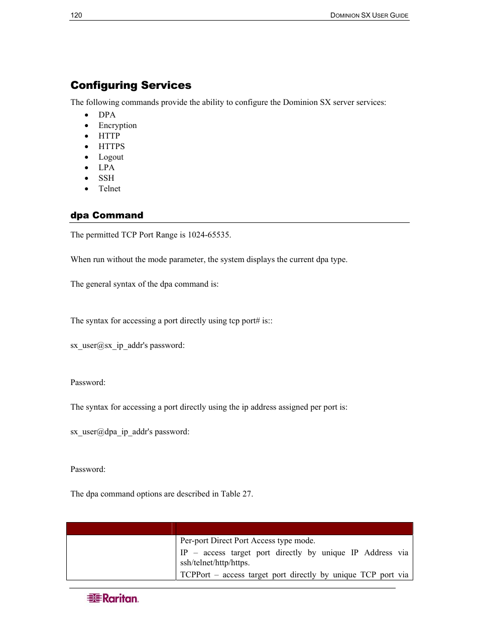 Configuring services, Dpa command, Table 27 dpa command | Raritan Computer DOMINION DSX-0N-E User Manual | Page 138 / 233