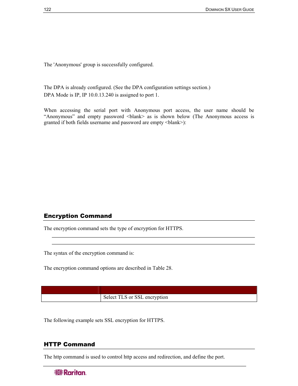 Encryption command, Http command, Table 28 encryption command | Raritan Computer DOMINION DSX-0N-E User Manual | Page 140 / 233