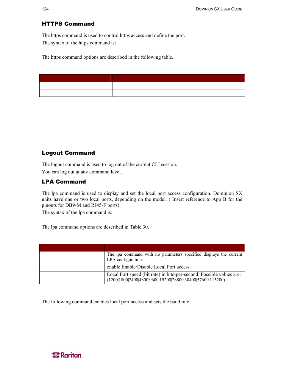 Https command, Logout command, Lpa command | Table 30 lpa command | Raritan Computer DOMINION DSX-0N-E User Manual | Page 142 / 233