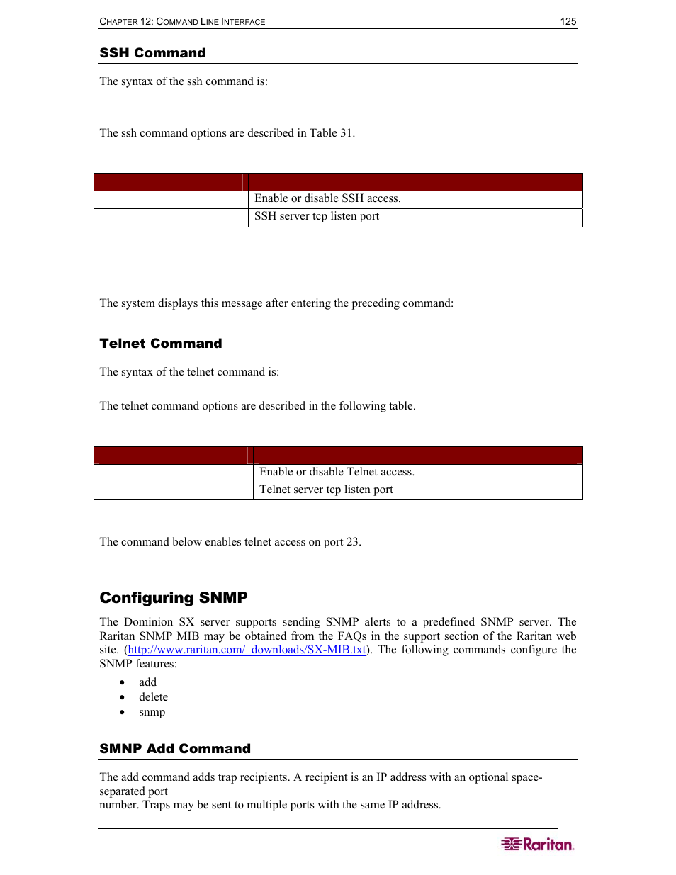 Ssh command, Telnet command, Configuring snmp | Smnp add command, Table 31 ssh command, Table 32 telnet command | Raritan Computer DOMINION DSX-0N-E User Manual | Page 143 / 233