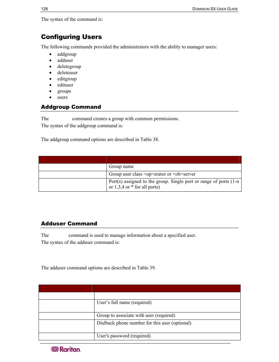 Configuring users, Addgroup command, Adduser command | Table 38 addgroup command, Table 39 adduser command | Raritan Computer DOMINION DSX-0N-E User Manual | Page 146 / 233