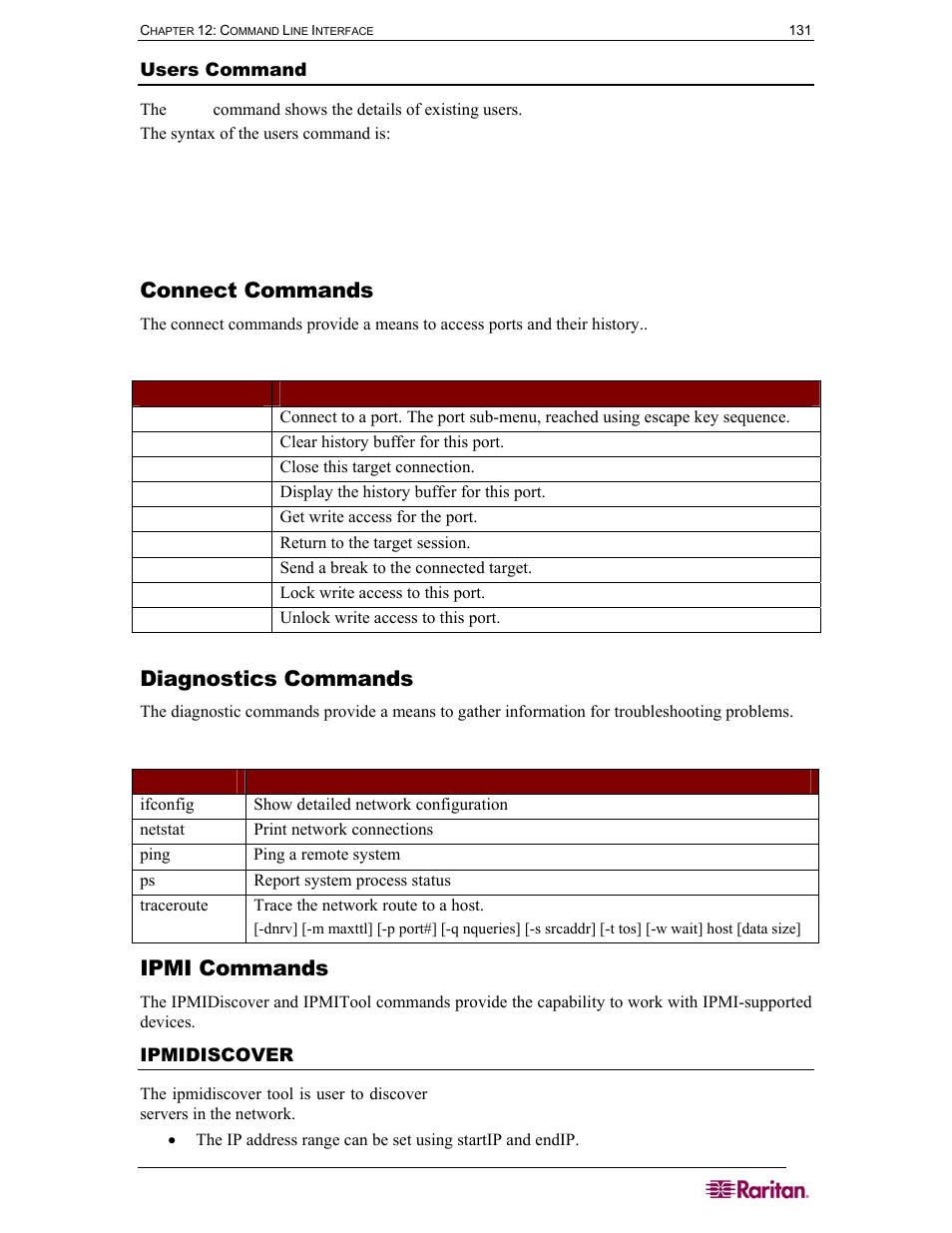 Users command, Connect commands, Diagnostics commands | Ipmi commands, Ipmidiscover, Table 44 connect commands, Table 45 diagnostics commands | Raritan Computer DOMINION DSX-0N-E User Manual | Page 149 / 233