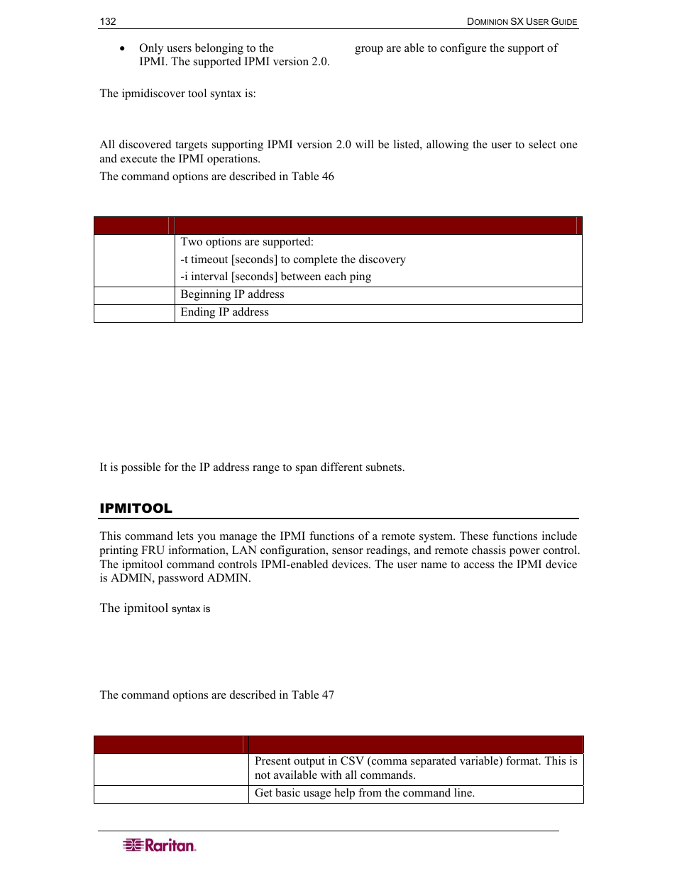 Ipmitool, Table 46 ipmidiscover command, Table 47 ipmitool command | Raritan Computer DOMINION DSX-0N-E User Manual | Page 150 / 233