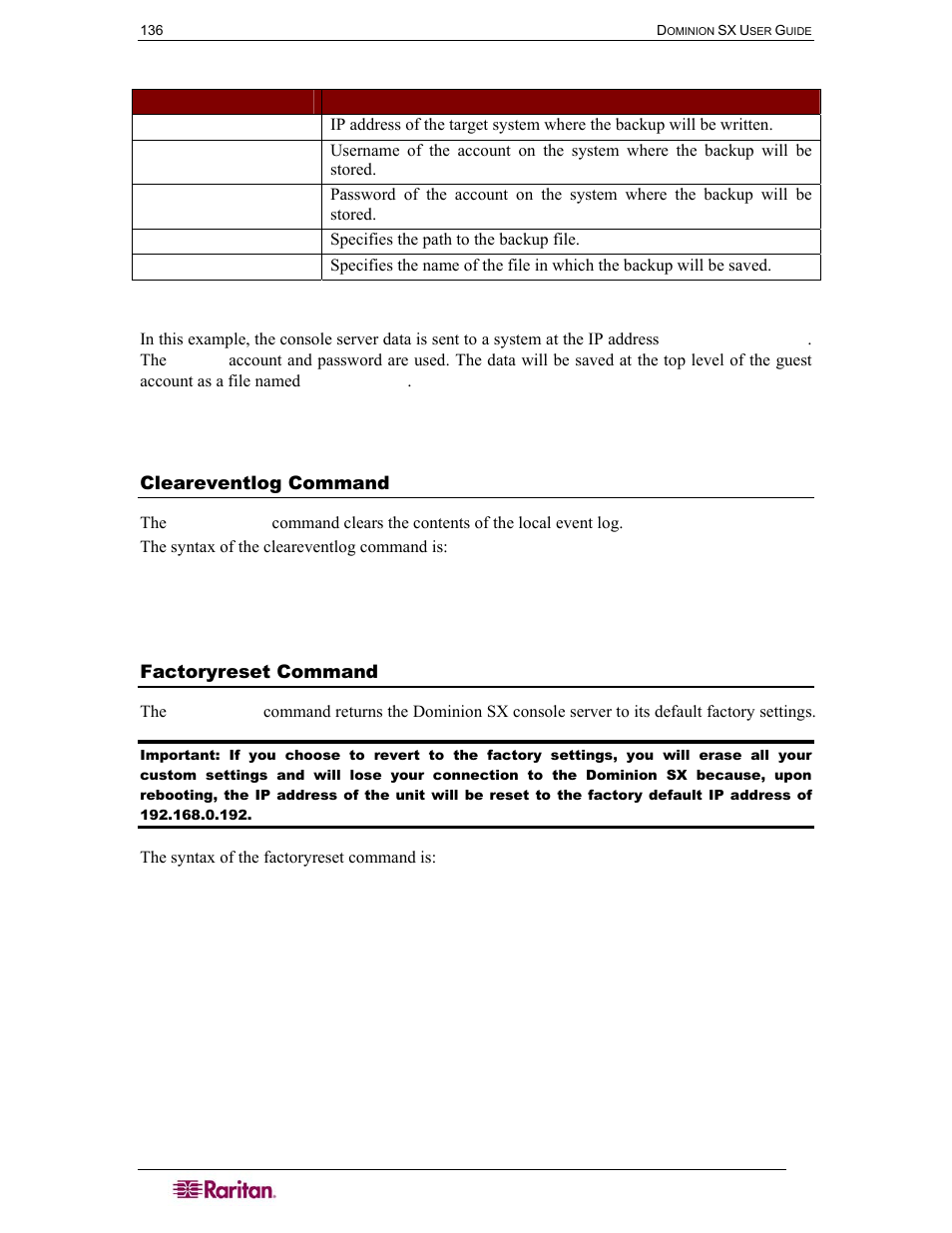 Cleareventlog command, Factoryreset command, Table 49 backup command | Raritan Computer DOMINION DSX-0N-E User Manual | Page 154 / 233